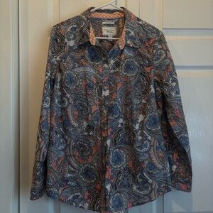 Charter Club Relaxed Fit Blue and Orange Paisley Long Sleeve Button Up - Size 12